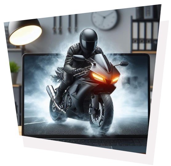 motorcycle emerging from laptop screen